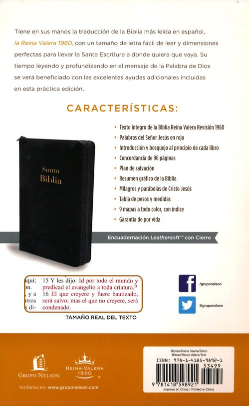 Biblia RVR 1960 Edición Portátil con Cierre, Letra Grande, Tamaño Manual