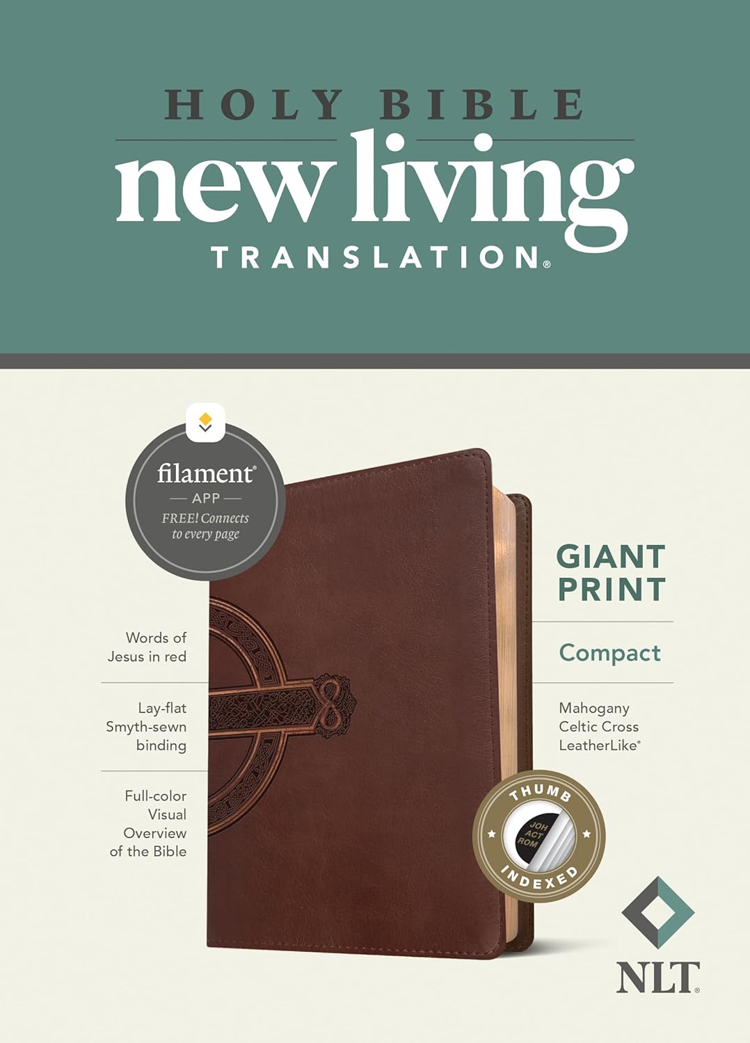 NLT Compact Giant Print Bible, Filament Enabled (LeatherLike, Mahogany Celtic Cross, Red Letter)