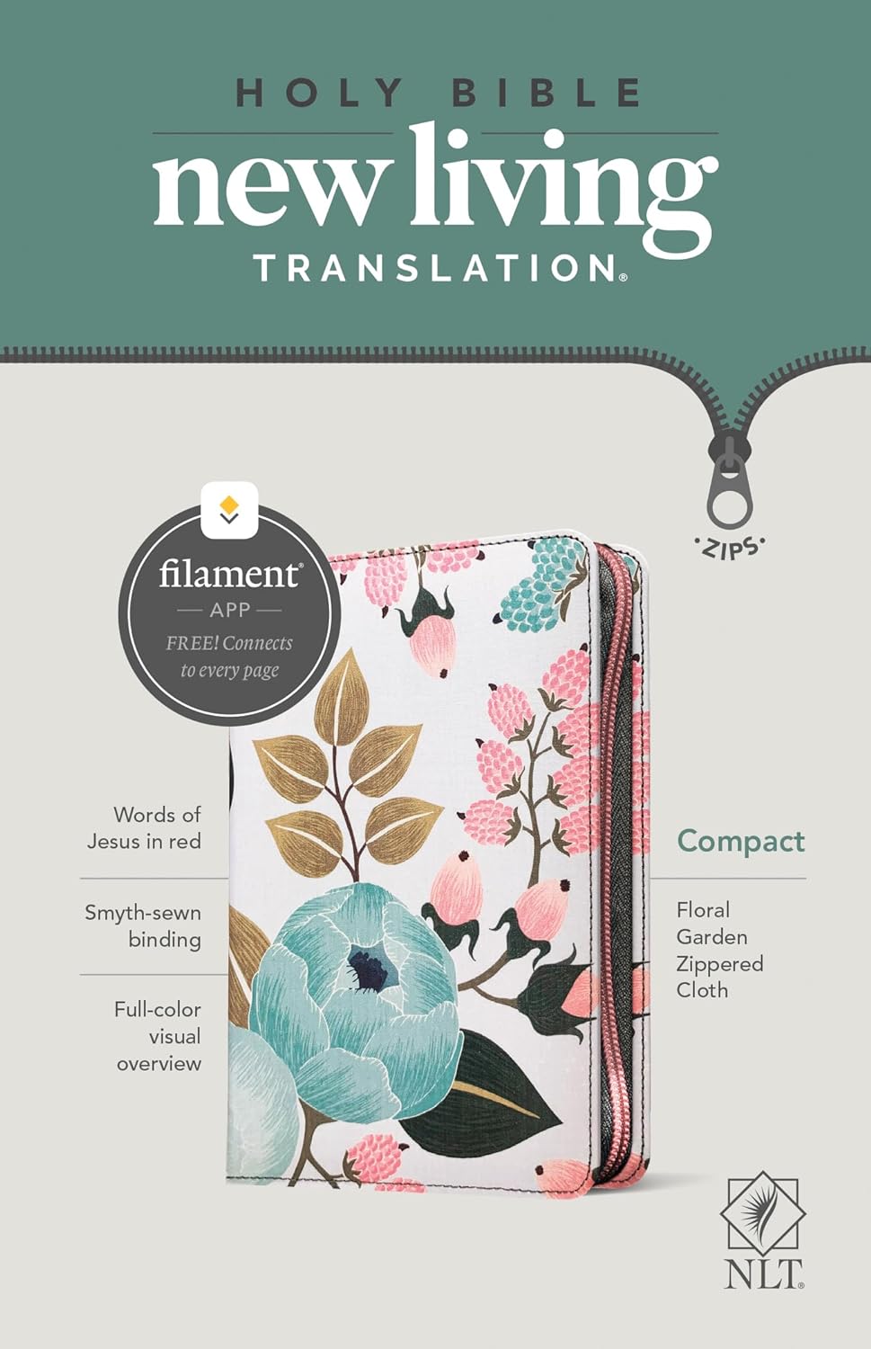 NLT Compact Zipper Bible, Filament Enabled Edition (Red Letter, Cloth, Floral Garden)