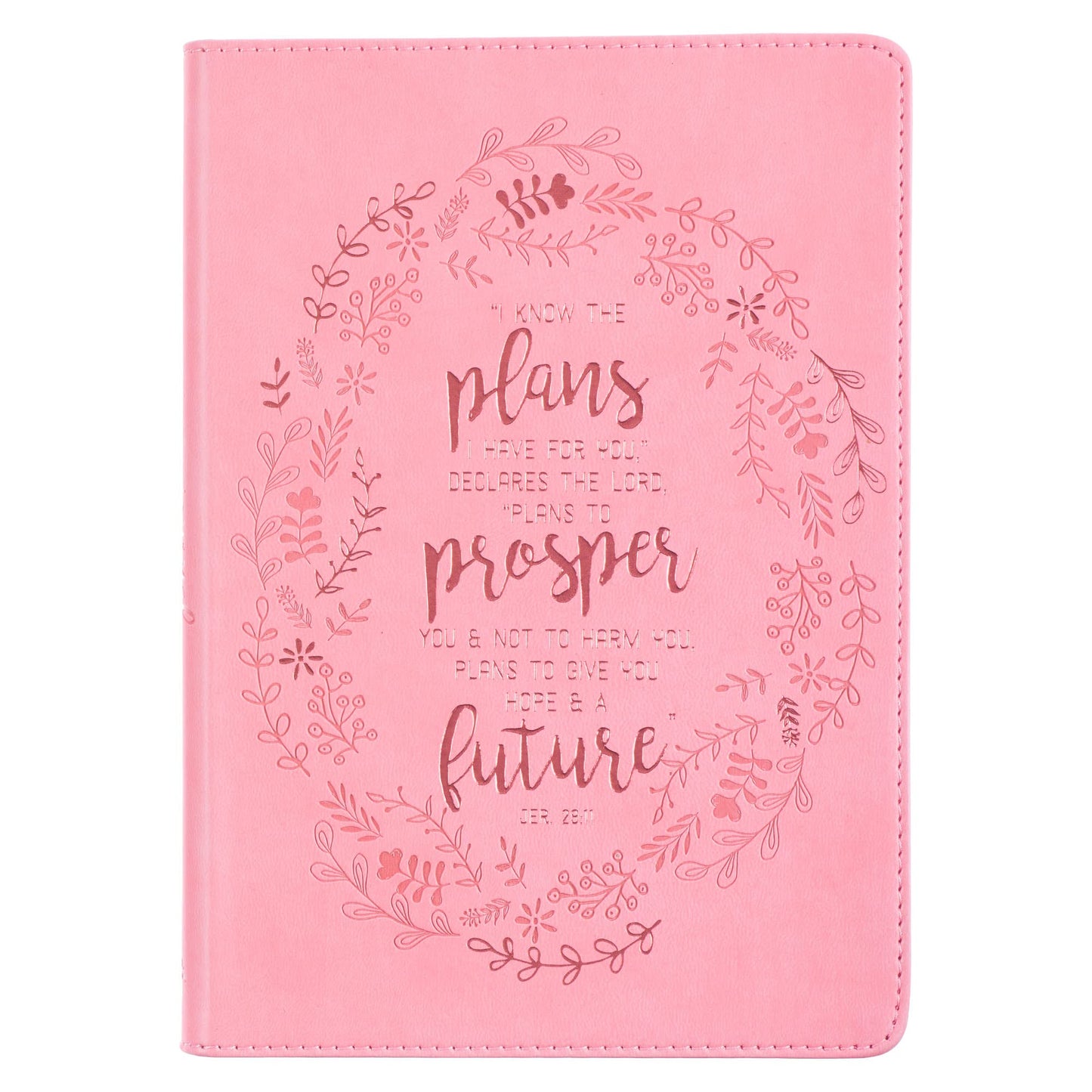 Journal I Know The Plans Jeremiah 29:11 Bible Verse, Inspirational Scripture Notebook, Ribbon Marker, Pink Faux Leather Flexcover, 336 Ruled Pages