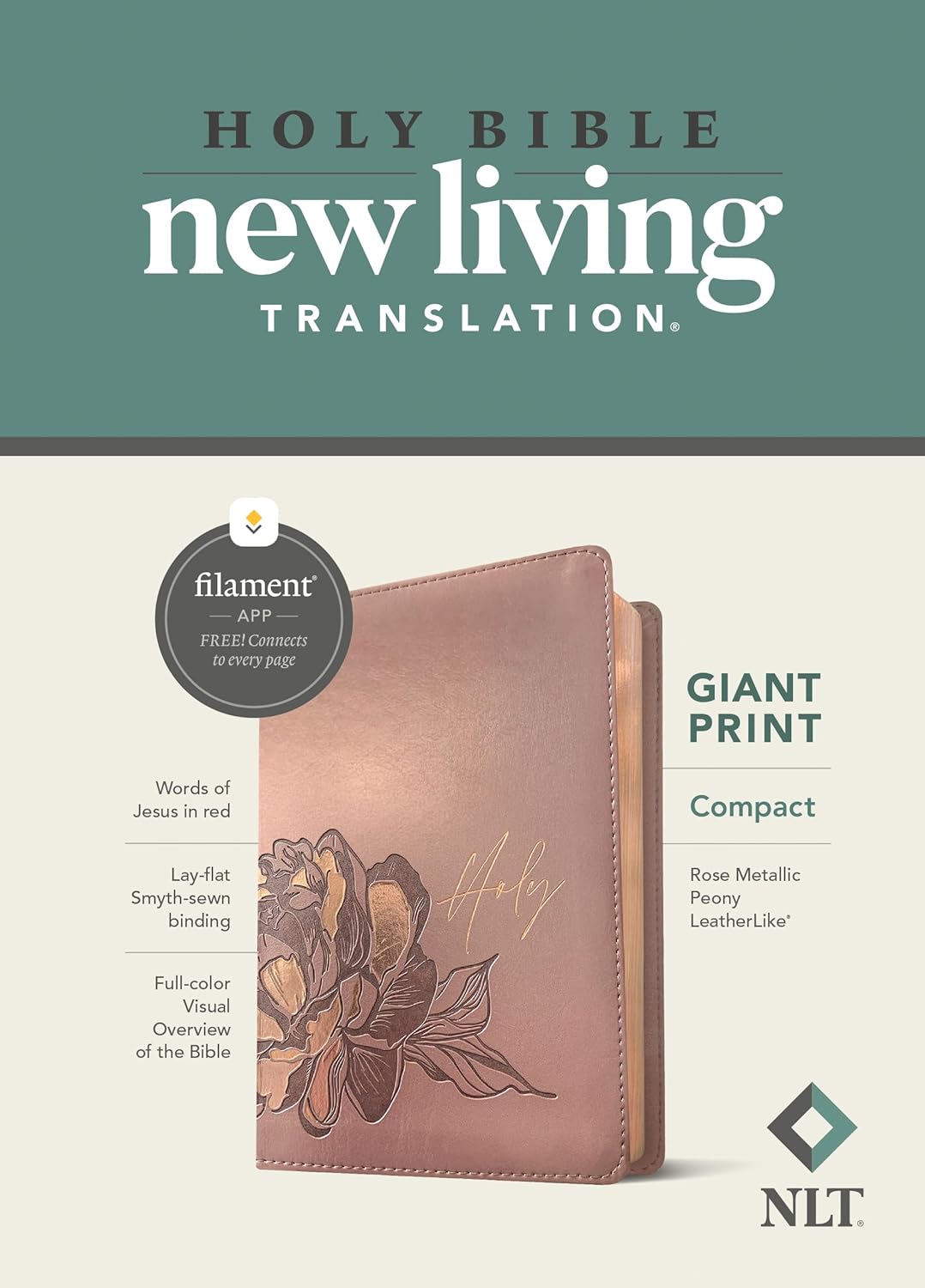 NLT Compact Giant Print Bible, Filament Enabled Edition (Red Letter, LeatherLike, Rose Metallic Peony)
