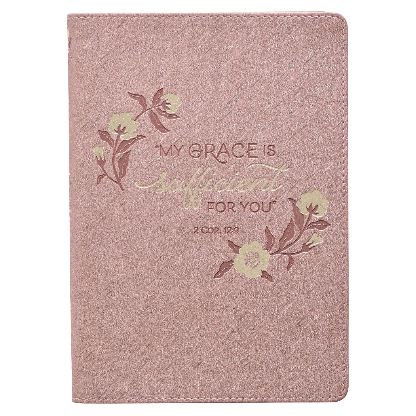 Classic Journal My Grace is Sufficient 2 Corinthians 12:9 Rose Inspirational Scripture Notebook, Ribbon Marker, Pink Faux Leather Flexcover, 336 Ruled Pages