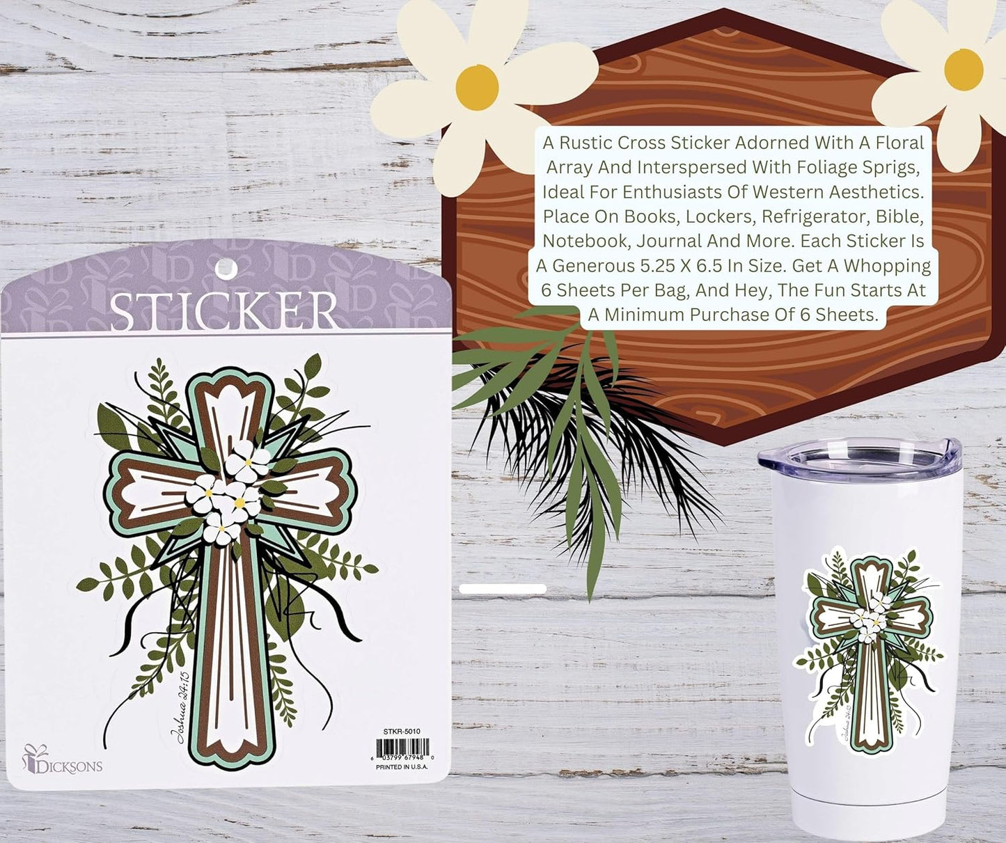 Dicksons Adhesive Sticker Decal for Journaling, Scrapbooking, and Accessory Personalization 5.25 x 6.5 Vinyl Elegant Floral Cross