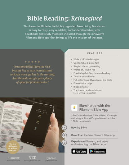 NLT Wide Margin Bible, Filament-Enabled Edition (LeatherLike, Dark Brown Palm, Red Letter)