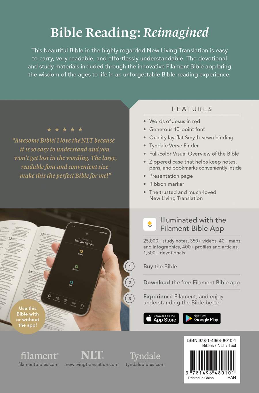 NLT Compact Giant Print Zipper Bible, Filament-Enabled Edition (LeatherLike, Woven Cross Gray, Red Letter)