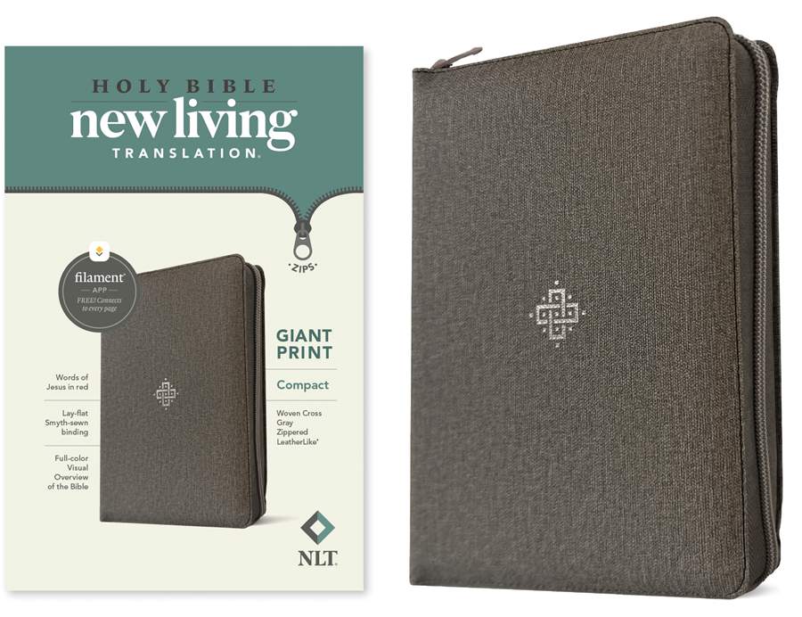 NLT Compact Giant Print Zipper Bible, Filament-Enabled Edition (LeatherLike, Woven Cross Gray, Red Letter)