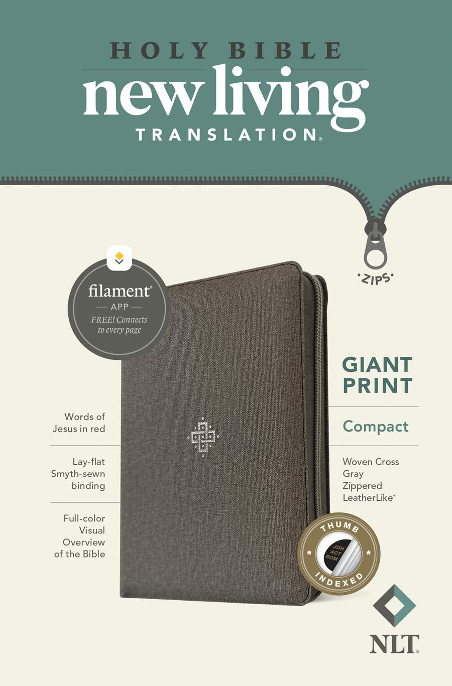 NLT Compact Giant Print Zipper Bible, Filament-Enabled Edition (LeatherLike, Woven Cross Gray, Red Letter)