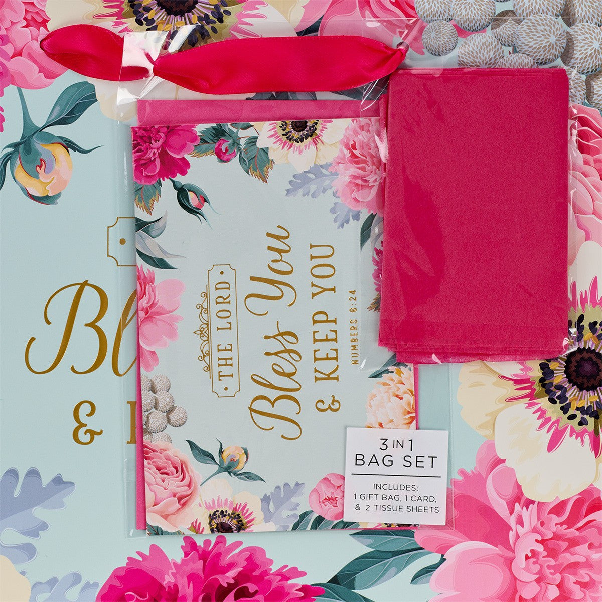 Bless You & Keep You Pink Floral Large Landscape Gift Bag with Card - Numbers 6:24