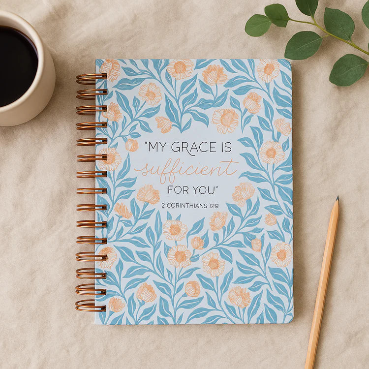 My Grace is Sufficient Teal Floral Large Wirebound Journal - 2 Corinthians 12:9
