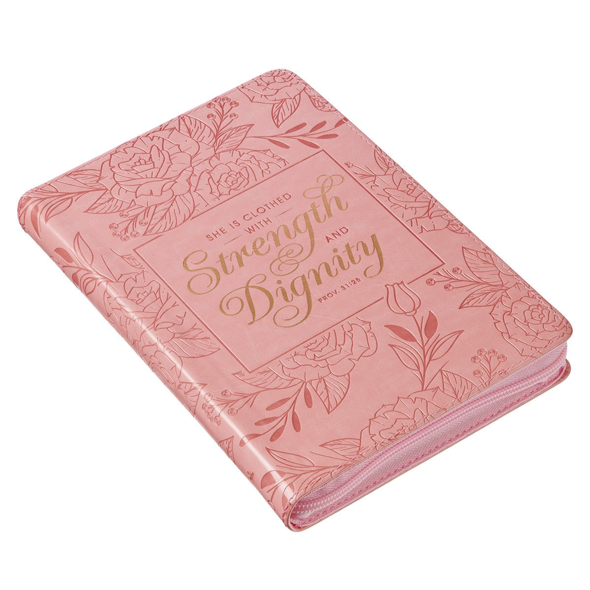 Strength and Dignity Peach Pink Faux Leather Classic Journal with Zipper Closure - Proverbs 31:25
