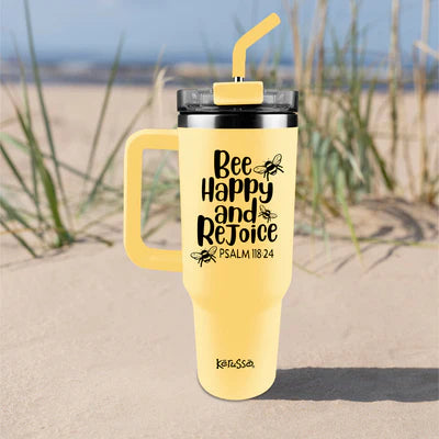 40 oz Stainless Steel Mug With Straw Bee Happy And Rejoice