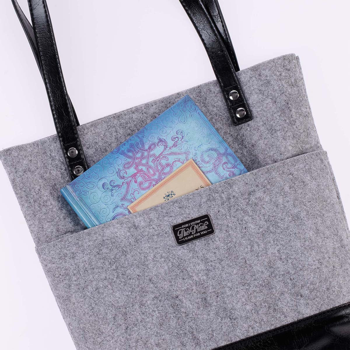 The Plans Heather Gray Felt and Black Faux Leather Fashion Bible Tote Bag - Jeremiah 29:11