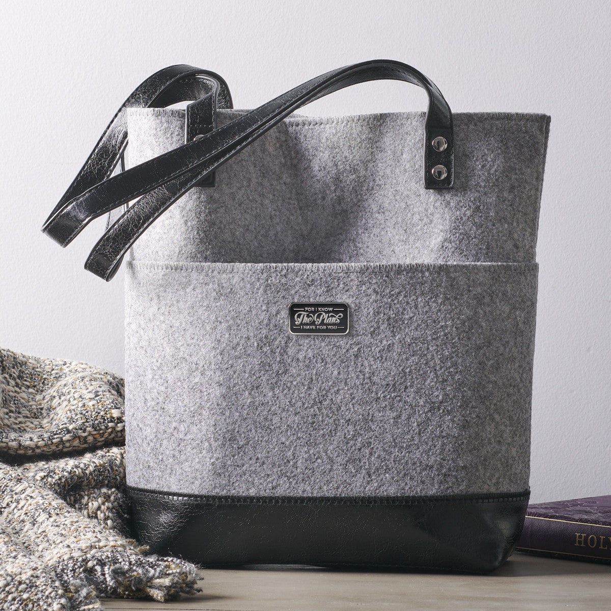 The Plans Heather Gray Felt and Black Faux Leather Fashion Bible Tote Bag - Jeremiah 29:11