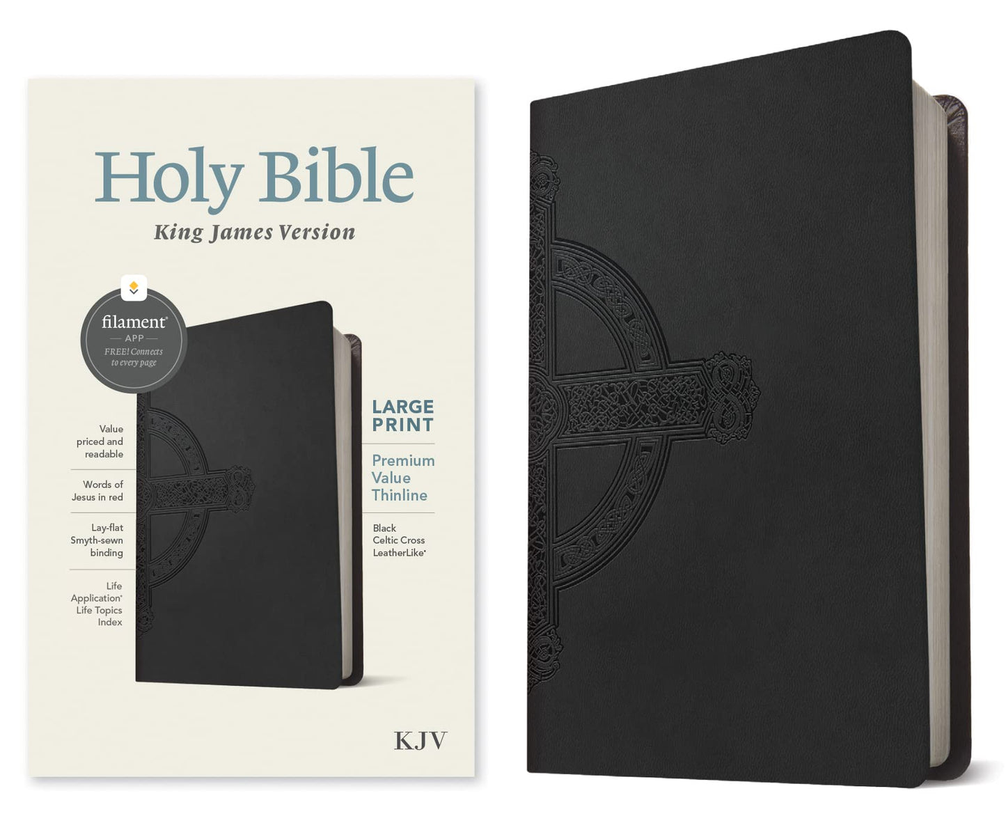 KJV Biblia fina de impresión grande de primera calidad, edición habilitada para filamentos (letra roja, similar al cuero, cruz celta negra)