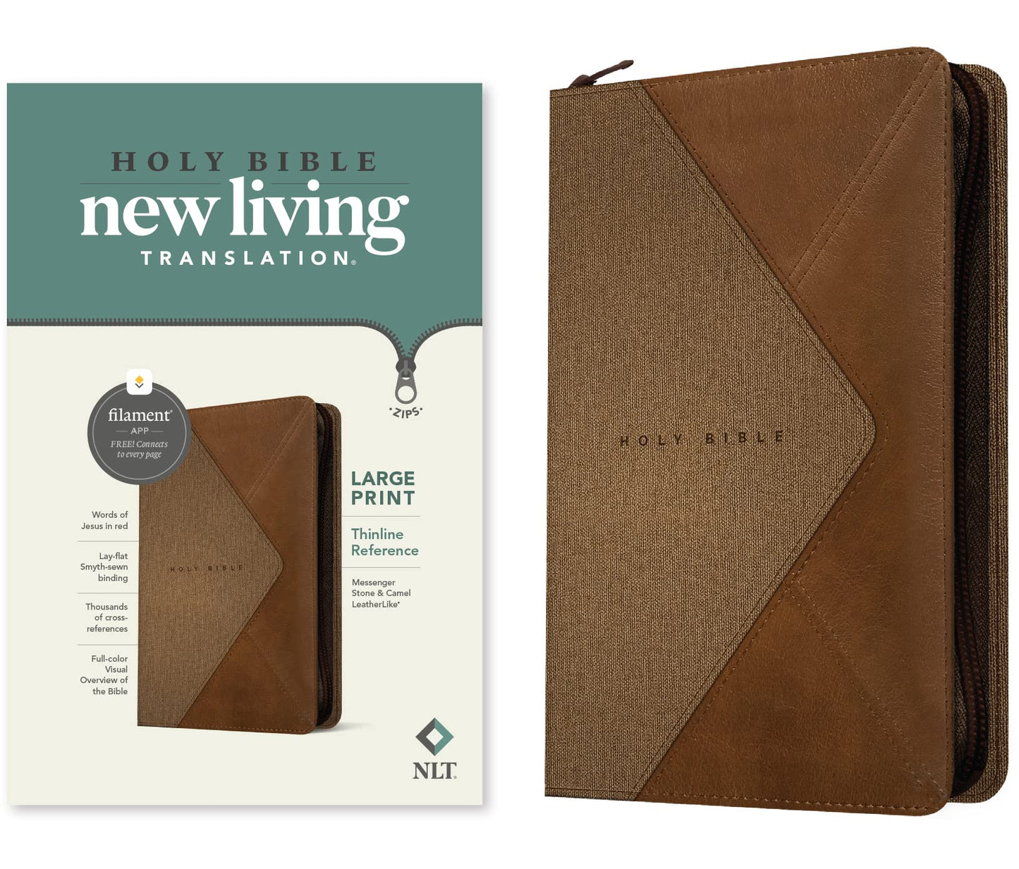 NLT Large Print Thinline Reference Zipper Bible, Filament Enabled Edition (LeatherLike, Messenger Stone & Camel )