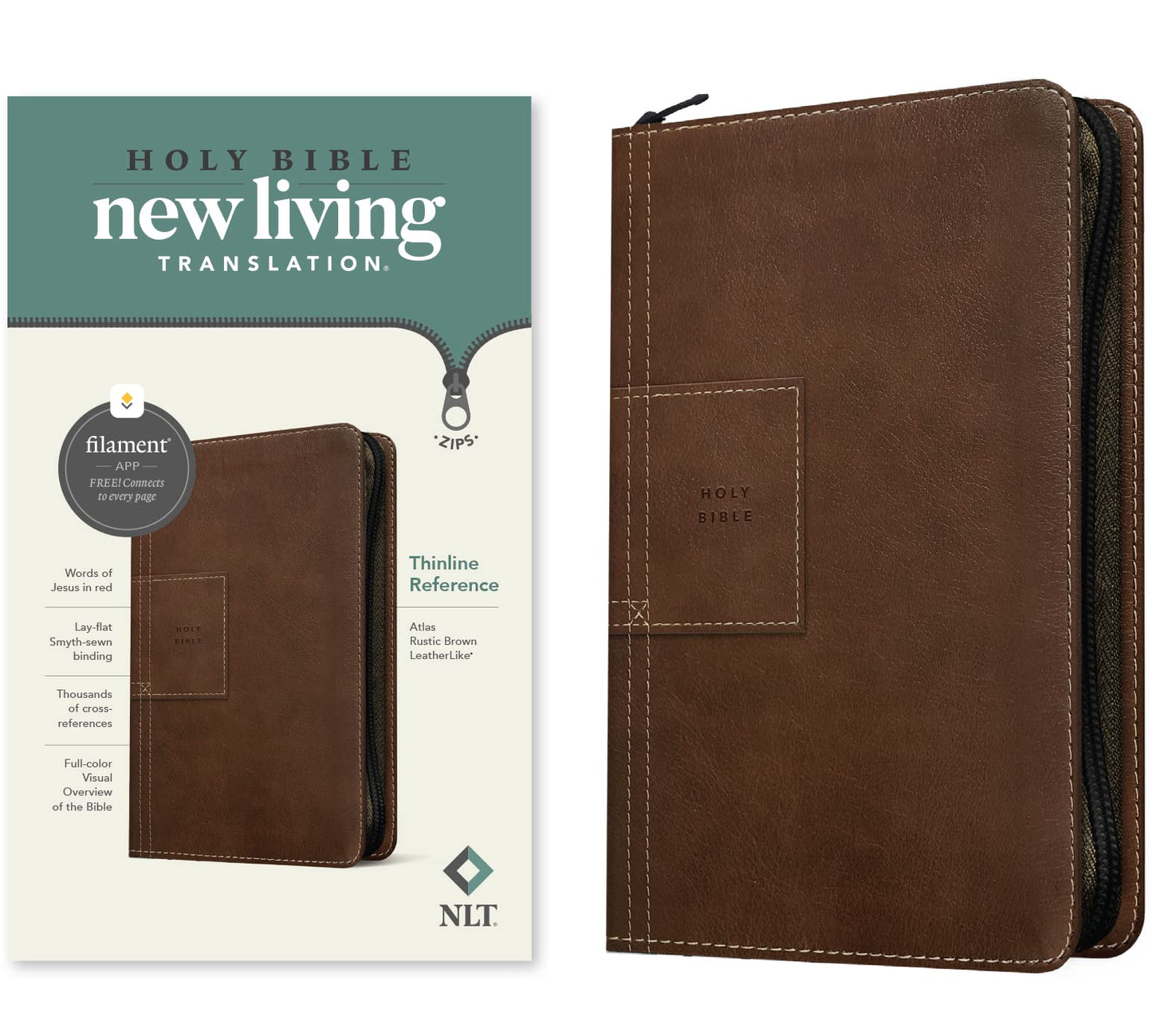 NLT Thinline Reference Zipper Bible, Filament Enabled Edition (LeatherLike, Atlas Rustic Brown)