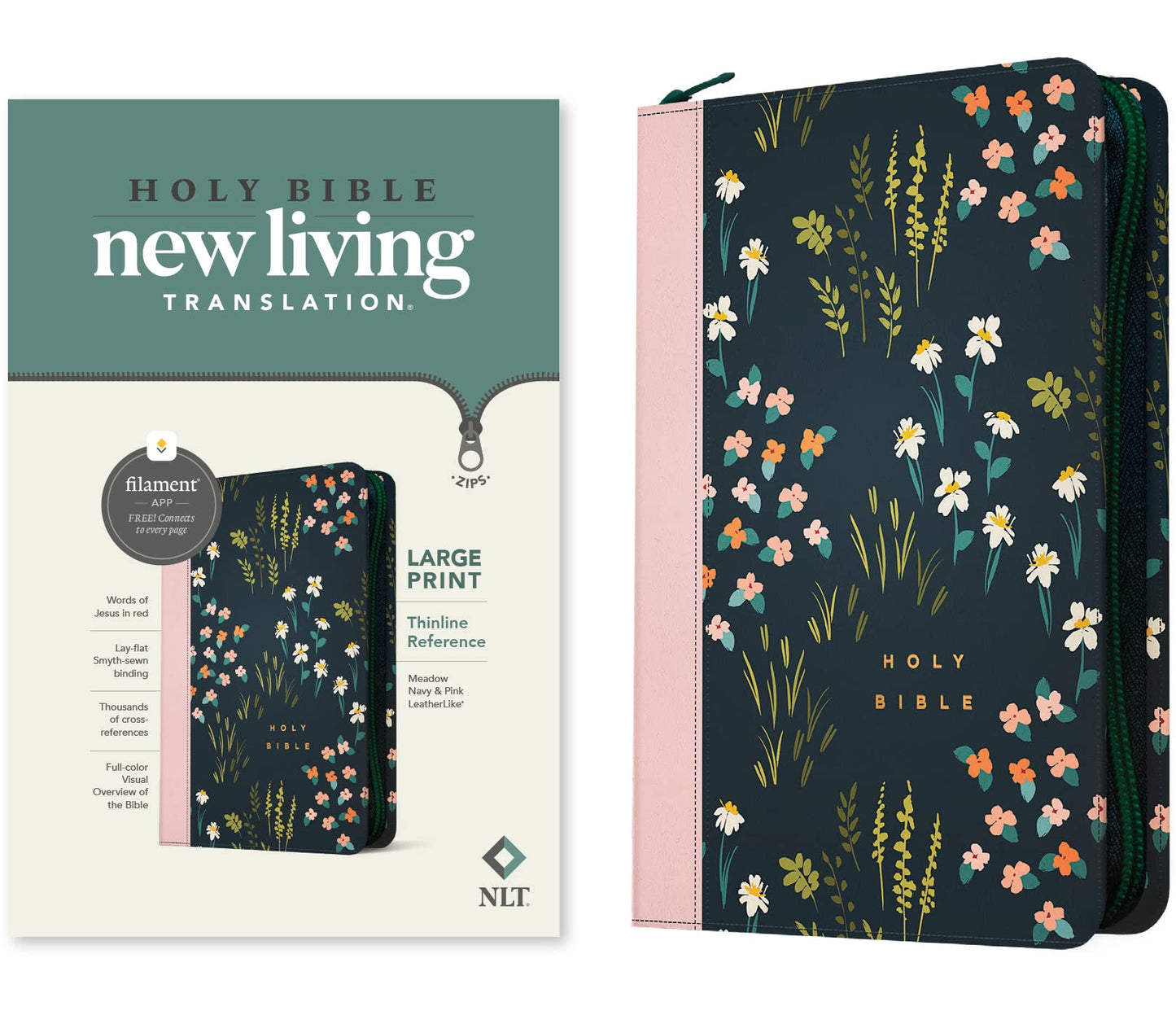NLT Large Print Thinline Reference Zipper Bible, Filament Enabled Edition (LeatherLike, Meadow Navy & Pink )