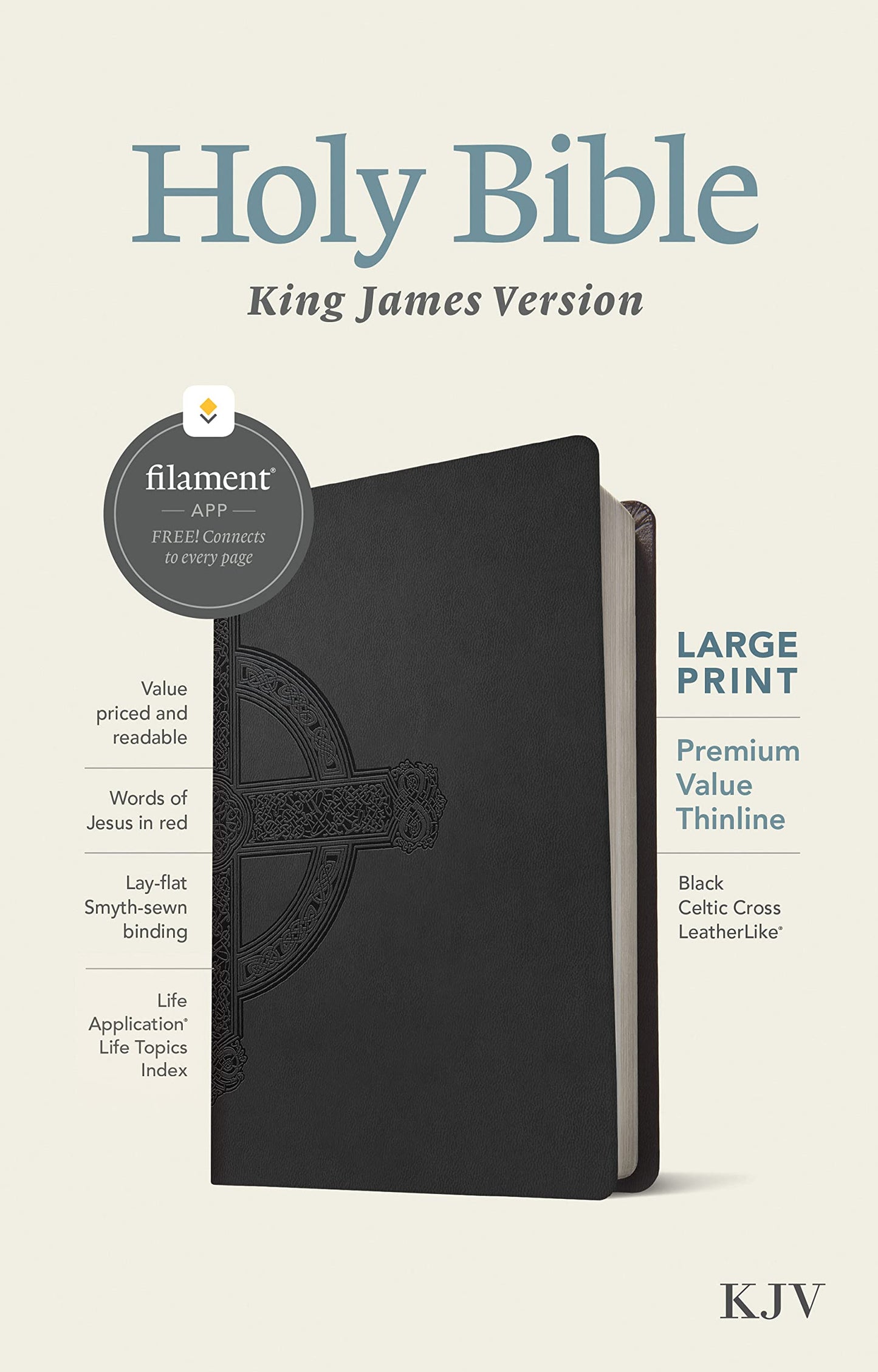 KJV Biblia fina de impresión grande de primera calidad, edición habilitada para filamentos (letra roja, similar al cuero, cruz celta negra)