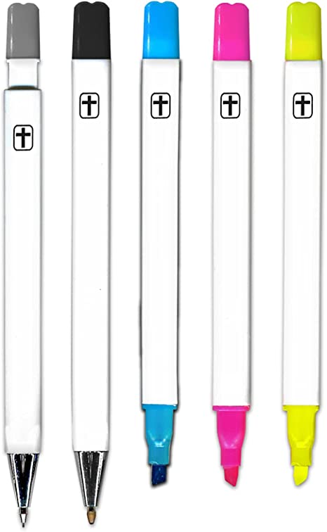 iStudy Bible Study Kit | No Bleed Pigmented Ink | Bible Safe | No Smearing or Fading | Highlighters Blue, Pink, Yellow, Black Pen & Mechanical Pencil with Case (Set of 5)