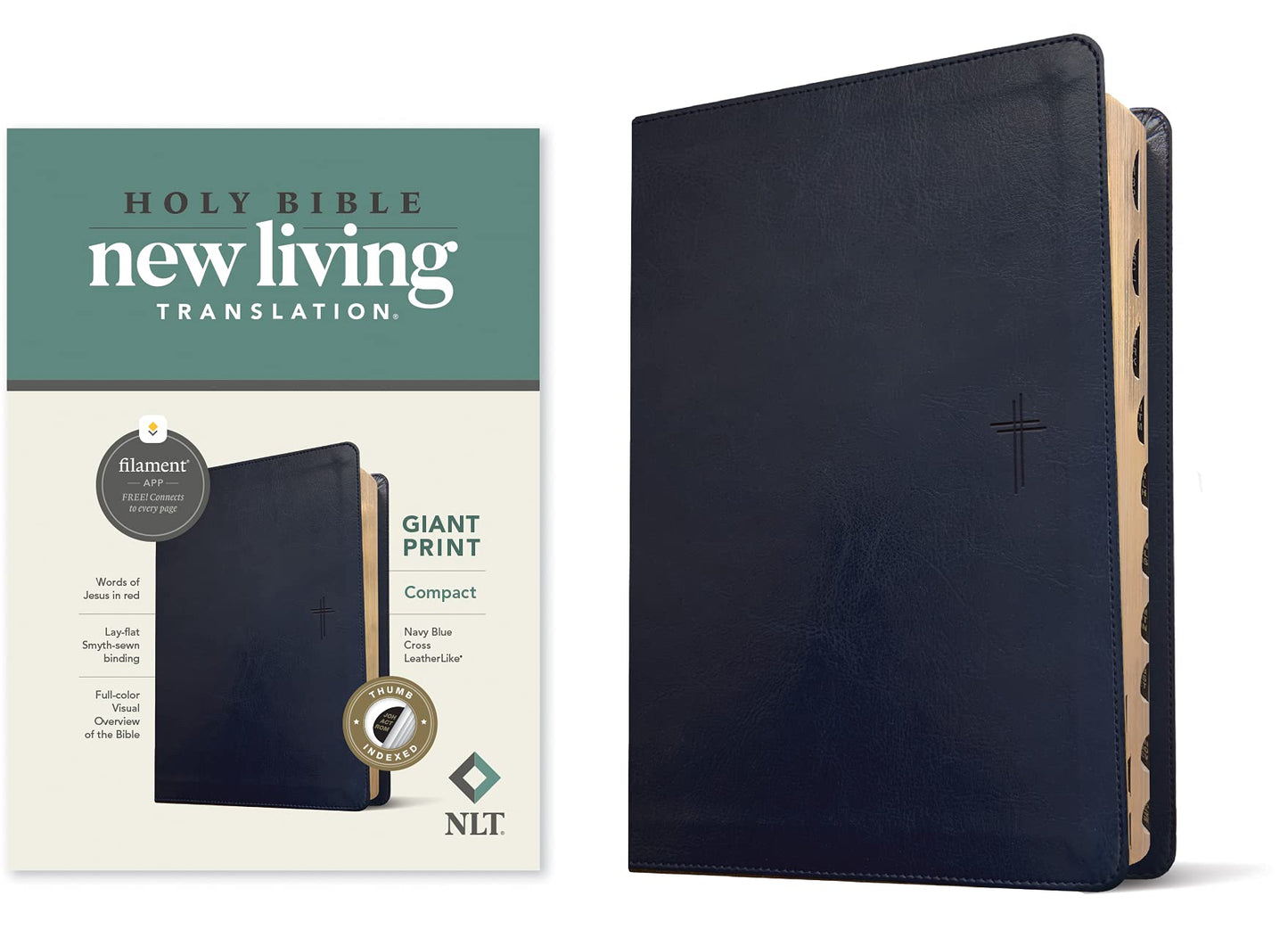 NLT Compact Giant Print Bible, Filament Enabled Edition (Red Letter, LeatherLike, Navy Blue Cross, Indexed)