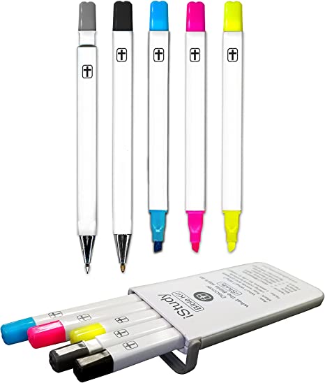 iStudy Bible Study Kit | No Bleed Pigmented Ink | Bible Safe | No Smearing or Fading | Highlighters Blue, Pink, Yellow, Black Pen & Mechanical Pencil with Case (Set of 5)