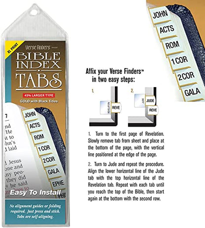 Gold XL Print Verse Finder Bible Tabs | Easy to Install, Self-Aligning, Just Press & Stick | Horizontal Text | Complete Set of Old & New Testaments Tabs | Large Print