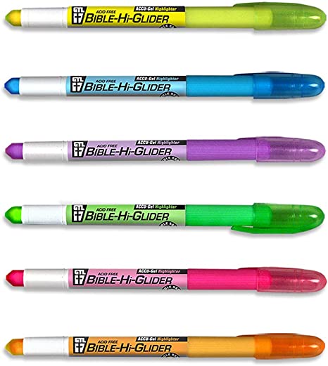 Accu-Gel Bible-Hi-Glider Bible Study Set | Precise Tip Size | No Bleed Solid Gel Highlighter | No Smearing or Fading | Long Lasting Bright Translucent Colors (Set of 6)