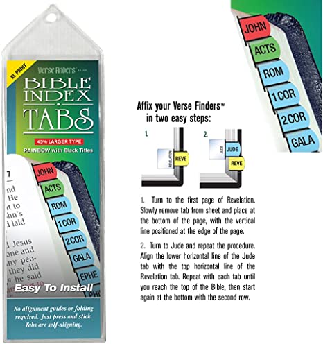 Rainbow XL Print Verse Finder Bible Tabs | Easy to Install, Self-Aligning, Just Press & Stick | Horizontal Text | Complete Set of Old & New Testaments Tabs | Large Print