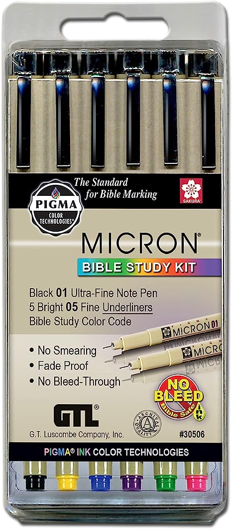 Pigma Micron 01 Fine & 05 Medium Point Bible Study Pen Kit | No Smearing or Fading | Bible Safe | Artist Pens | No Bleed Pigmented Ink (Set of 6)