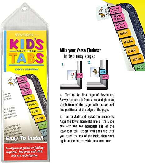Kid’s Rainbow Verse Finder Bible Tabs with Animal Icons | Easy to Install, Self-Aligning, Just Press & Stick | Horizontal Text | Complete Set of Old & New Testaments Tabs