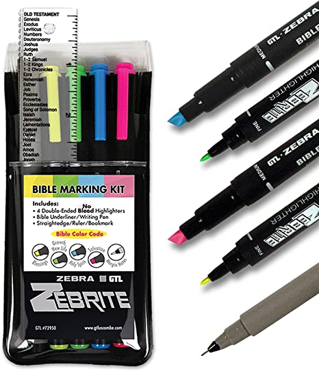 Zebrite Bible Marking Kit | No Bleed Pigmented Ink | No Fading or Smearing | Double Ended Highlighters, MilliPen & Books of the Bible Ruler/Bookmark (Set of 5 + Ruler)