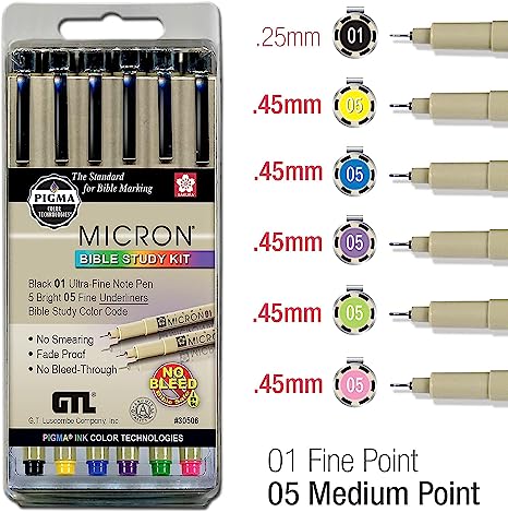 Pigma Micron 01 Fine & 05 Medium Point Bible Study Pen Kit | No Smearing or Fading | Bible Safe | Artist Pens | No Bleed Pigmented Ink (Set of 6)