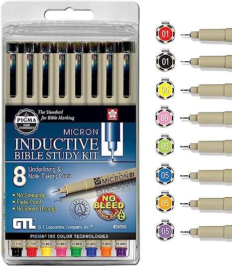 Pigma Micron 01 Fine & 05 Medium Point Inductive Bible Study Pen Kit | No Bleed Pigmented Ink | Black, Red, Orange, Blue, Green, Pink, Violet, Yellow (Set of 8)