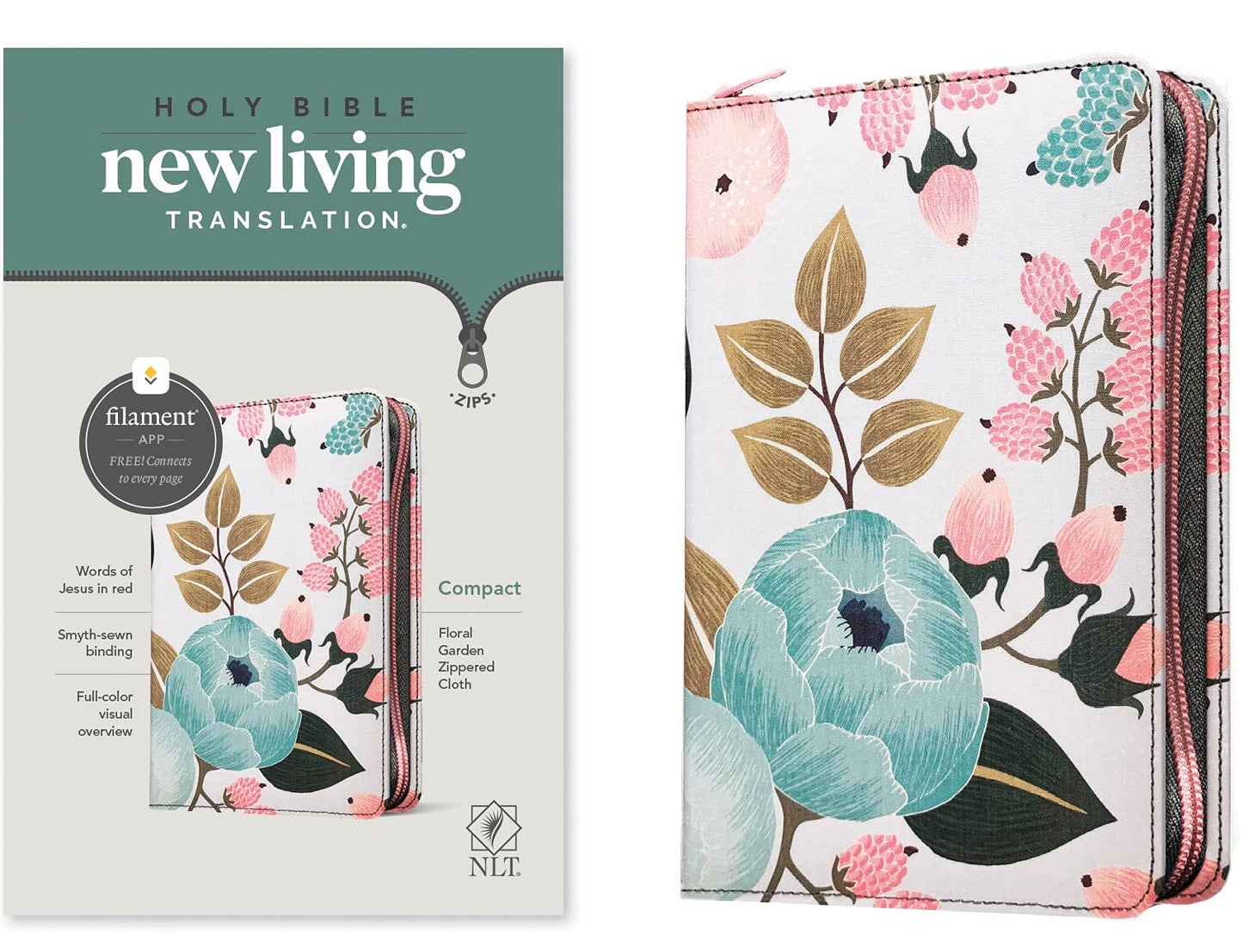 NLT Compact Zipper Bible, Filament Enabled Edition (Red Letter, Cloth, Floral Garden)