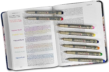 Pigma Micron 01 Fine & 05 Medium Point Inductive Bible Study Pen Kit | No Bleed Pigmented Ink | Black, Red, Orange, Blue, Green, Pink, Violet, Yellow (Set of 8)
