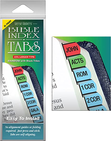 Rainbow XL Print Verse Finder Bible Tabs | Easy to Install, Self-Aligning, Just Press & Stick | Horizontal Text | Complete Set of Old & New Testaments Tabs | Large Print