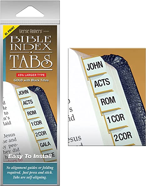 Gold XL Print Verse Finder Bible Tabs | Easy to Install, Self-Aligning, Just Press & Stick | Horizontal Text | Complete Set of Old & New Testaments Tabs | Large Print