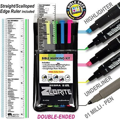 Zebrite Bible Marking Kit | No Bleed Pigmented Ink | No Fading or Smearing | Double Ended Highlighters, MilliPen & Books of the Bible Ruler/Bookmark (Set of 5 + Ruler)