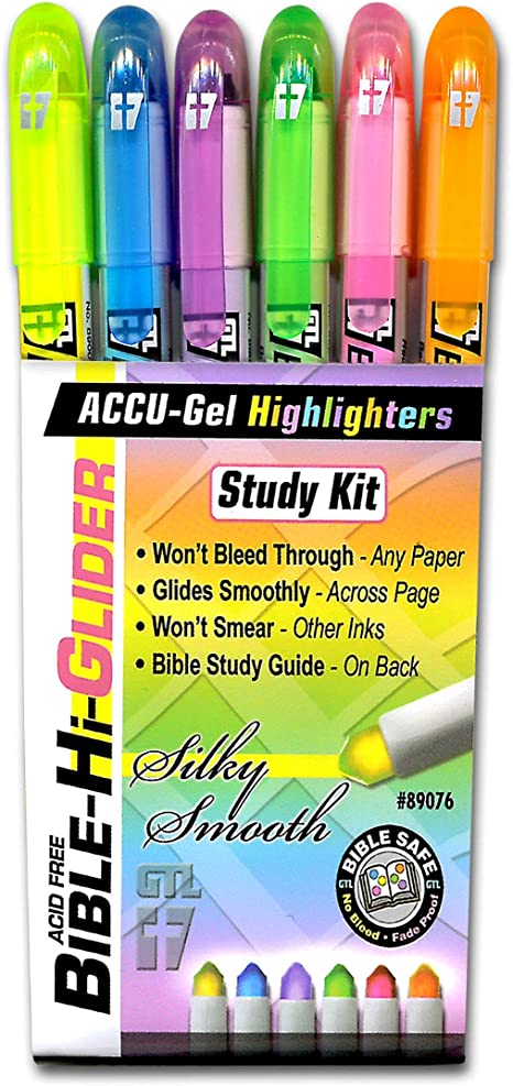 Accu-Gel Bible-Hi-Glider Bible Study Set | Precise Tip Size | No Bleed Solid Gel Highlighter | No Smearing or Fading | Long Lasting Bright Translucent Colors (Set of 6)