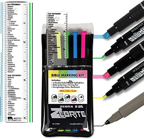 Zebrite Bible Marking Kit | No Bleed Pigmented Ink | No Fading or Smearing | Double Ended Highlighters, MilliPen & Books of the Bible Ruler/Bookmark (Set of 5 + Ruler)