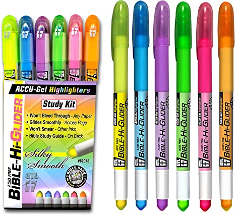 Accu-Gel Bible-Hi-Glider Bible Study Set | Precise Tip Size | No Bleed Solid Gel Highlighter | No Smearing or Fading | Long Lasting Bright Translucent Colors (Set of 6)