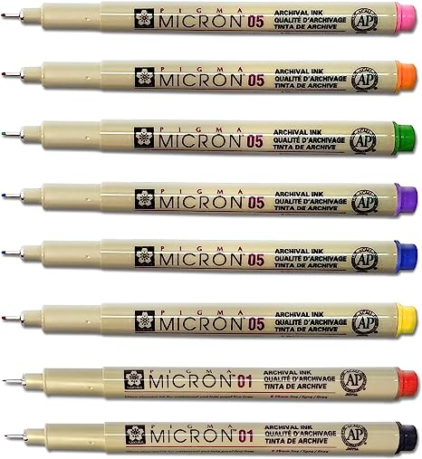 Pigma Micron 01 Fine & 05 Medium Point Inductive Bible Study Pen Kit | No Bleed Pigmented Ink | Black, Red, Orange, Blue, Green, Pink, Violet, Yellow (Set of 8)