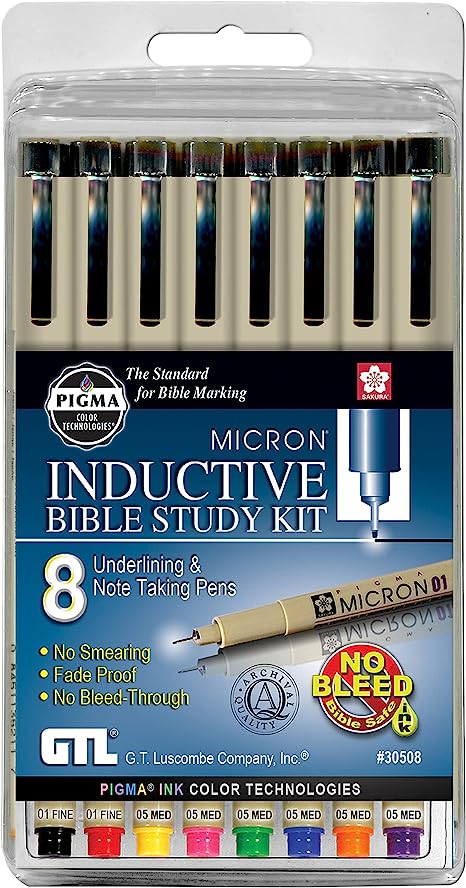 Pigma Micron 01 Fine & 05 Medium Point Inductive Bible Study Pen Kit | No Bleed Pigmented Ink | Black, Red, Orange, Blue, Green, Pink, Violet, Yellow (Set of 8)