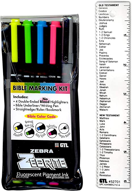 Zebrite Bible Marking Kit | No Bleed Pigmented Ink | No Fading or Smearing | Double Ended Highlighters, MilliPen & Books of the Bible Ruler/Bookmark (Set of 5 + Ruler)