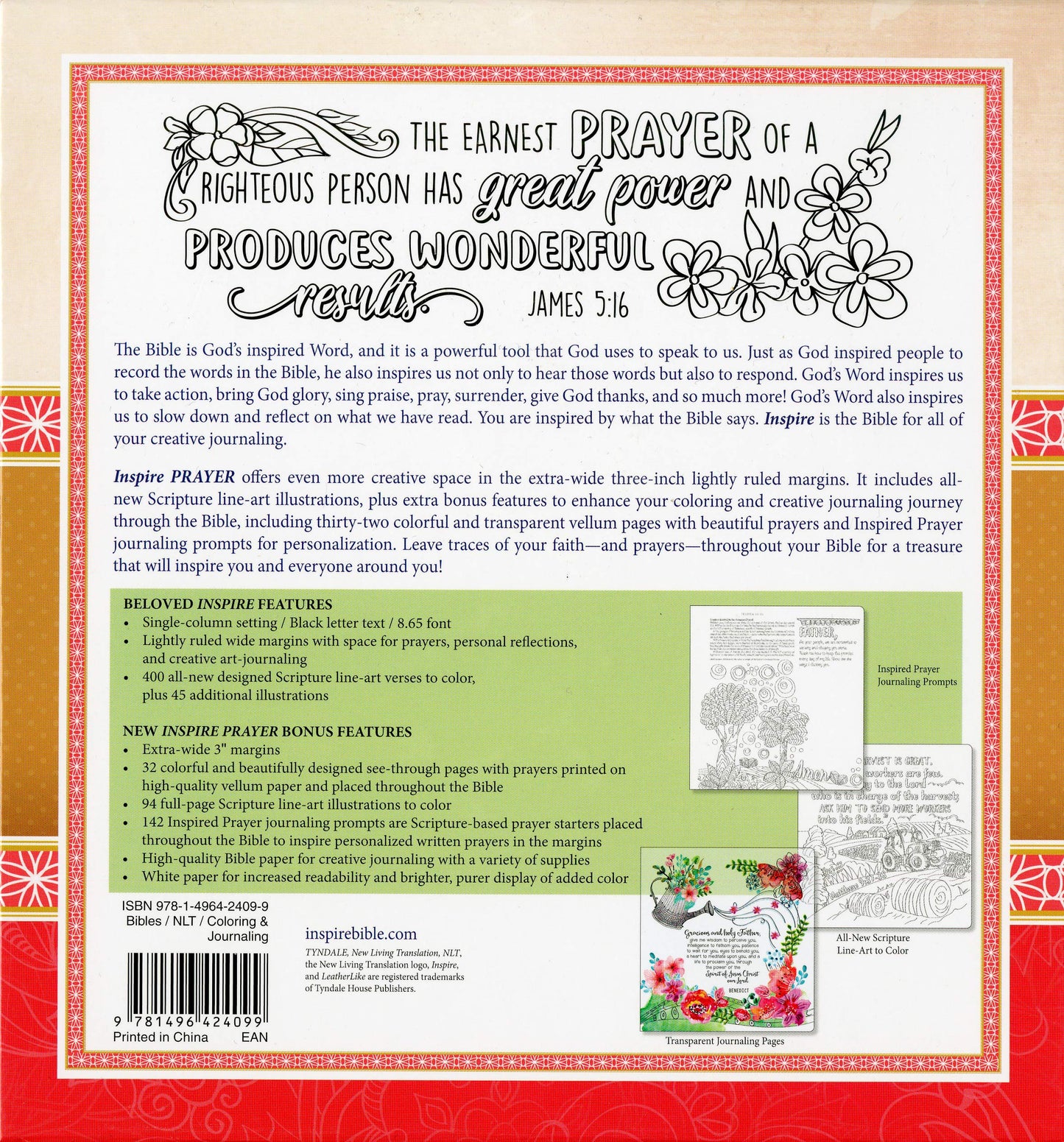 Inspire PRAYER Bible NLT (LeatherLike, Joyful Colors with Gold Foil Accents): The Bible for Coloring & Creative Journaling