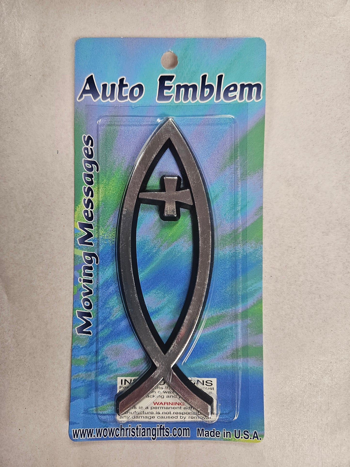 Silver Jesus Cross Fish Black Plastic Auto Emblem