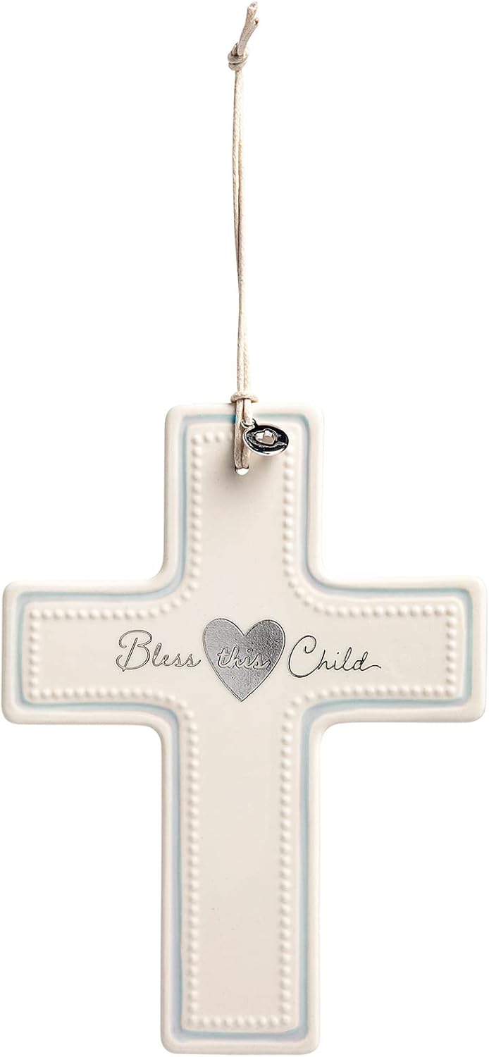 DEMDACO Bless This Child Blue 7.5 x 5.5 Inch Ceramic Stoneware Hanging Wall Cross