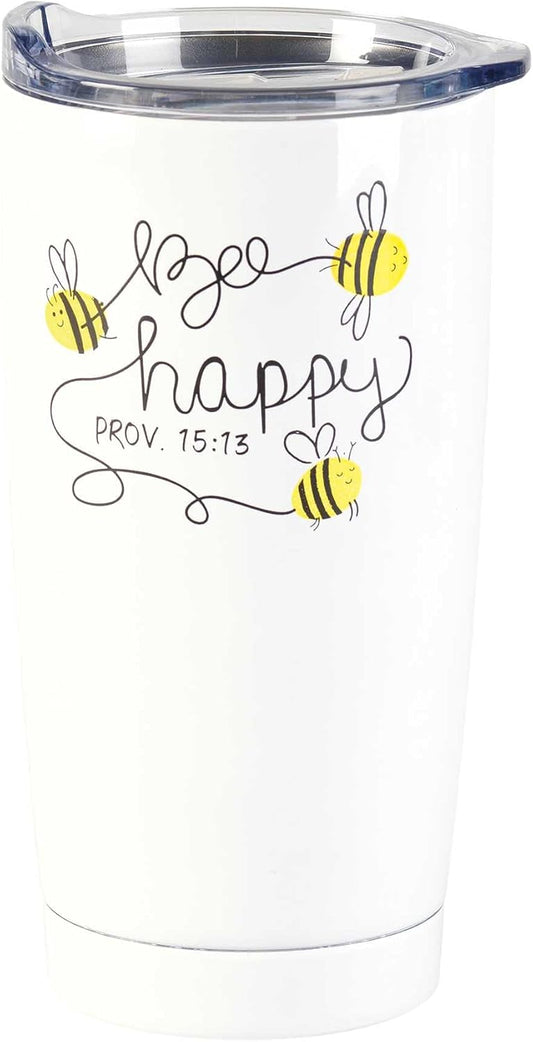 Dicksons Bee Happy White 20 ounce Stainless Steel Travel Tumbler