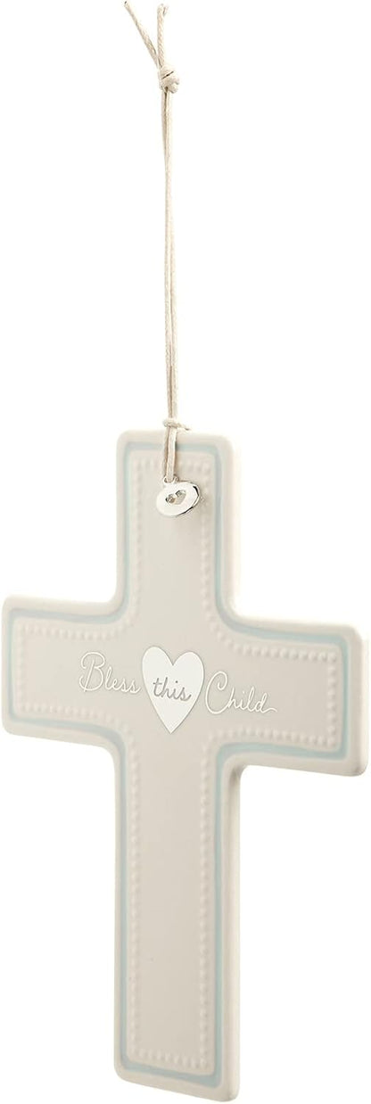 DEMDACO Bless This Child Blue 7.5 x 5.5 Inch Ceramic Stoneware Hanging Wall Cross