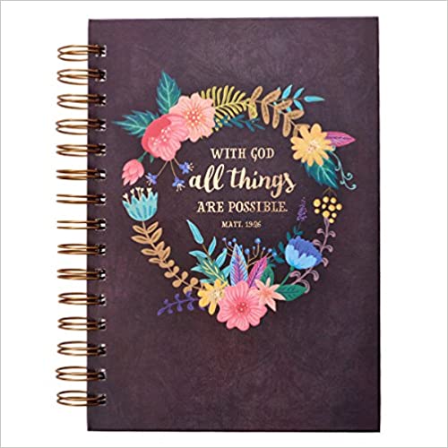 Journal w/Scripture With God All Things Are Possible Mathew 19:26 Bible Verse Floral 192 Ruled Pages, Large Hardcover Notebook, Wire Bound